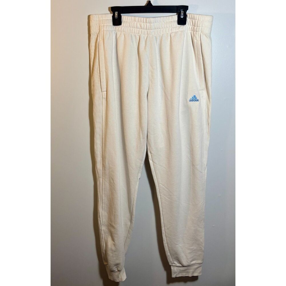 Adidas Cream Joggers Men’s Size L • Light Beige Sweatpants • Blue Logo